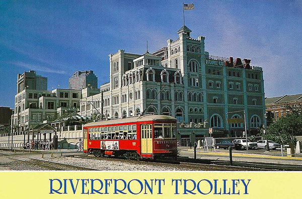 Riverfront trolley postcard